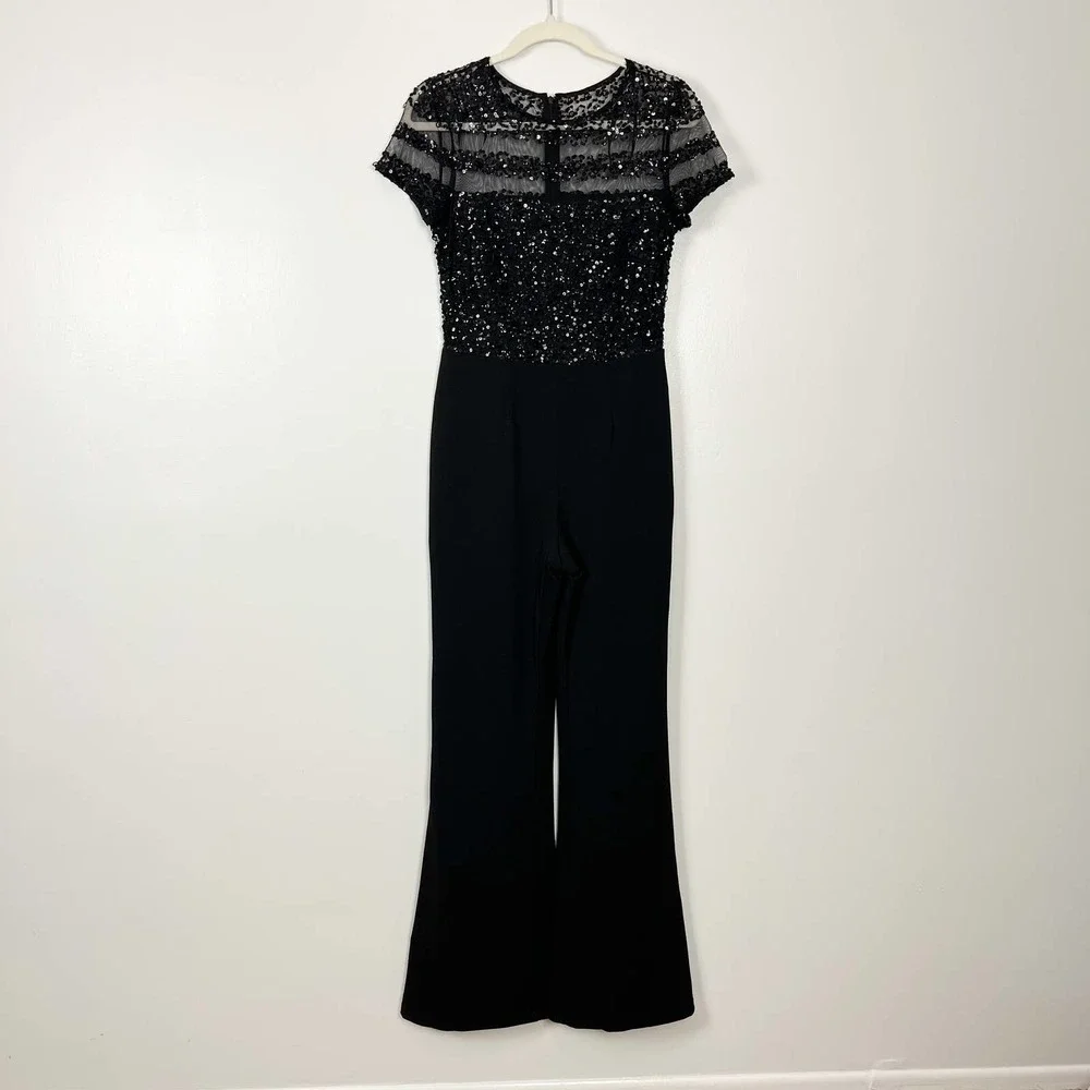 NWT Adrianna Papell Black Short Sleeve Illusion Sequin Bodice Jumpsuit Size 4 - Picture 2 of 12